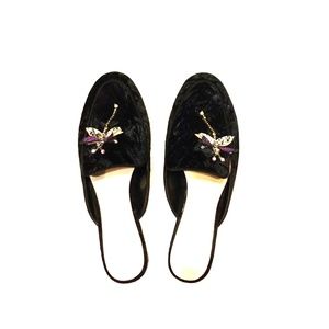 Black Crushed Velvet Dragonfly Mules Slippers